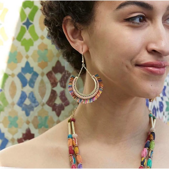 Boho Fringe Hoop Dangling Earring Handmade Gold Multi Color - Picture 2 of 2